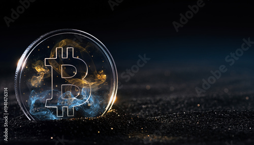 Holographic glass bitcoin crypto currency on dark volcanic sand