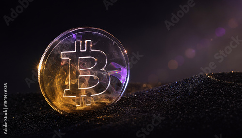 Holographic glass bitcoin crypto currency on dark volcanic sand