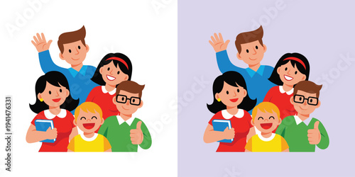 Cheerful diverse group of happy people in a vibrant flat design illustration, depicting community, family bonds, or a successful professional team
