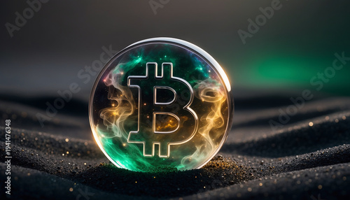 Holographic glass bitcoin crypto currency on dark volcanic sand