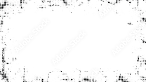 Irregular distressed rectangular frame halftone design concept with black dots texture and gritty scattered particles for modern industrial border designs.
