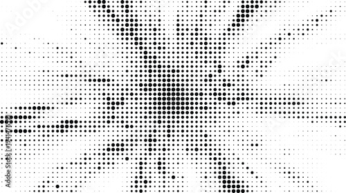 Explosive radial starburst halftone design concept with black dots texture and high-contrast impact lines for energetic comic and pop-art visuals.