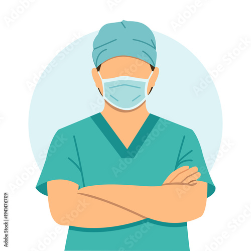 Male surgeon wearing medical mask and scrubs healthcare professional portrait vector illustration