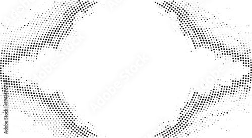 Abstract curved vignette halftone design concept with black dots texture and organic corner transitions for modern artistic background frames.