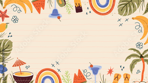 Hand drawn summer background for text. Minimalist line design. Palm tree, lemon, sun, sea, rainbow, cocktail, scribble  in minimal style . Concept of relaxing ocean, traveling, summer sale. Art vector