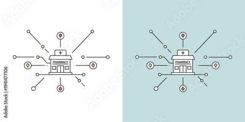 Modern digital pharmacy network illustration showcasing interconnected healthcare services and medical distribution, symbolizing efficient pharmaceutical delivery system