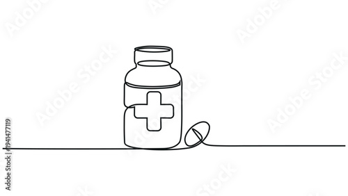 A simple line drawing of a medicine bottle and pill