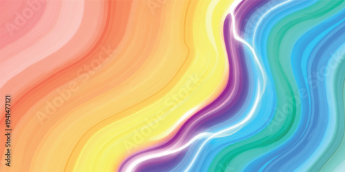 A bright abstract colorful background features a spectrum of rainbow wave lines and geometric vector shapes to create a vibrant textured wallpaper illustration