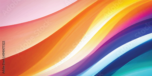 Bright abstract rainbow background featuring a colorful wave design with vibrant spectrum lines and flowing curves for a modern vector art wallpaper