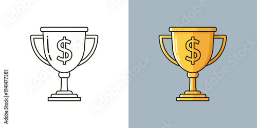 Golden trophy icon with dollar sign symbolizing financial success, investment achievement, and wealth accumulation for business goals