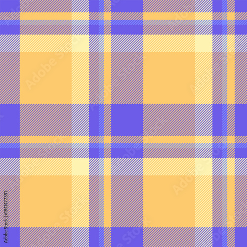 Infinity plaid seamless check, heritage tartan textile texture. Nostalgic vector pattern background fabric in amber and indigo colors.