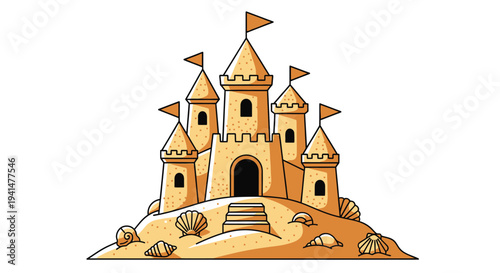 A colorful illustrated sandcastle with turrets and decorative shells