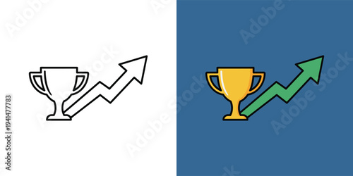 Trophy cup with an upward trending arrow icon symbolizing success, achievement, and business growth. Vector illustration depicting progress and winning