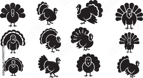 Collection of black turkey silhouettes on white background