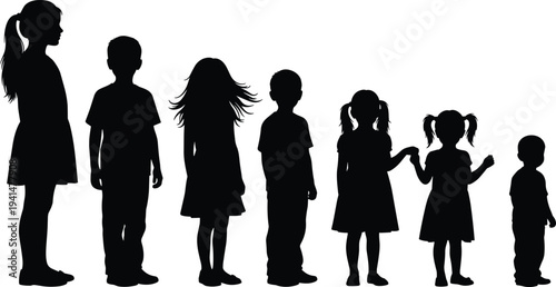 Children silhouettes standing in row, seven figures arranged tallest to shortest, casual clothing, distinct postures, vector illustration of childhood growth stages concept