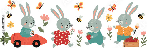 Cute Spring Bunny Activities Collection with Rabbits Driving Car Picking Strawberries Painting and Garden Cartoon Vector Illustration Set
