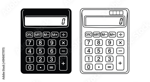 Two black and white illustrations of standard electronic calculators