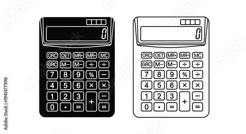 Two black and white illustrations of vintage electronic calculators