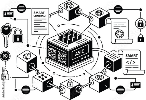 Centralized ASIC mining hardware connects within a blockchain network featuring smart contracts, cryptographic keys, and digital locks.
