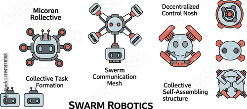 Swarm robotics configurations illustrate various collective task formations and decentralized control mesh patterns for mechanical units.