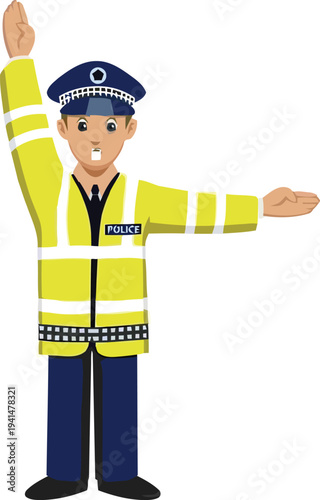 Male traffic police officer in yellow high-visibility jacket directing traffic with hand signals