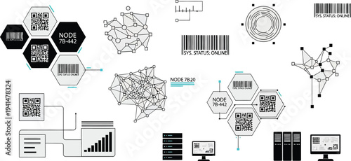 A collection of abstract network nodes featuring QR codes, barcodes, and data graphs represents complex digital connectivity and tracking systems.