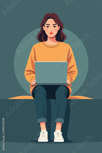 donna al computer che usa un laptop in ufficio casa al bar vettoriale, portatile