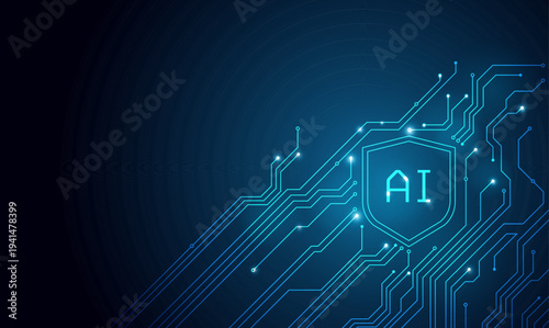 AI security technology background with AI shield and shiny circuit board lines on black background - abstract vector minimal professional background