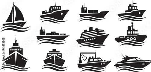 Collection of various boat and ship silhouettes on water