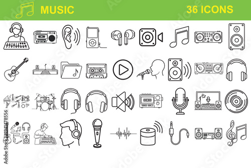A collection of music icons and symbols for various audio applications