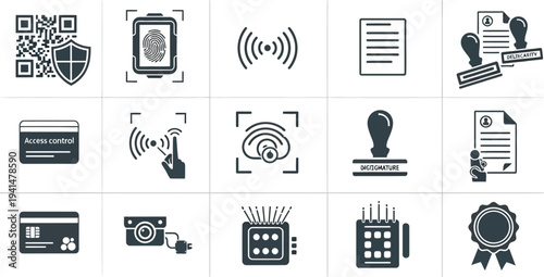 A collection of security and authentication icons displays fingerprint scanning, QR codes, wireless signals, and official document stamps.