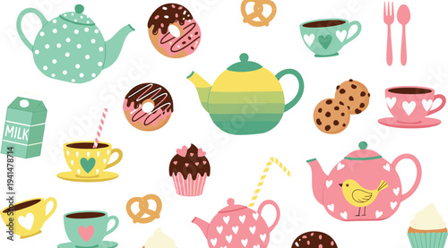 Cute tea time vector set with teapots, cups, donuts, cupcakes, cookies and milk carton, cozy dessert and drink cartoon illustration collection