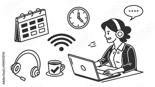 Black Remote Work Icon Set Vector – Minimal Home Office Productivity Icons