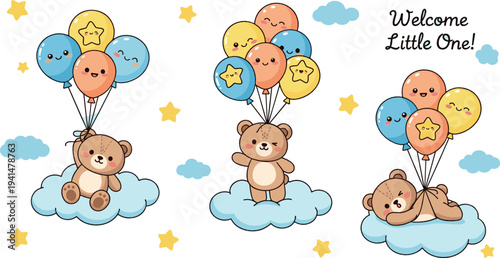 Cute teddy bear baby shower vector set with balloons, clouds and stars, adorable nursery illustration for newborn celebration welcome baby design