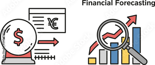 Financial forecasting concept showing a crystal ball displaying a dollar sign next to currency exchange arrows and a magnifying glass analyzing an upward trending bar chart.
