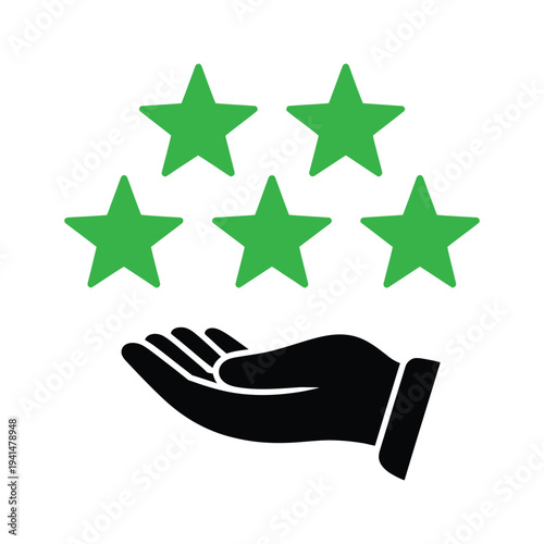 Five green stars over helping hand isolated on transparent background vector illustration for rating and review concept