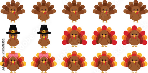 Cute Thanksgiving turkey characters vector set with pilgrim hat, autumn colors and cartoon birds, festive holiday mascot illustration collection
