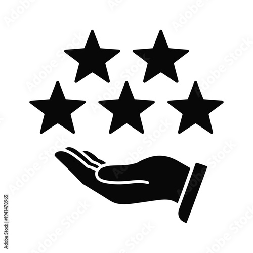 Five black stars over helping hand isolated on transparent background vector illustration for rating and review concept