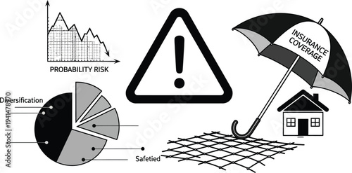 Various financial risk assessment symbols including a descending graph, caution triangle, pie chart diversification, and an umbrella providing insurance coverage over a house.