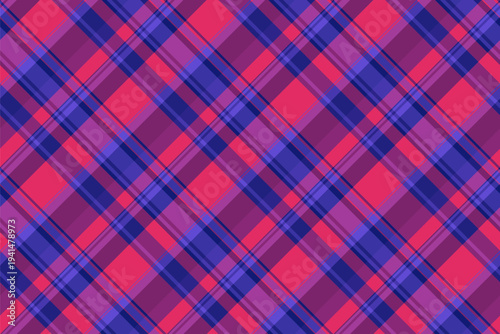 Relax plaid check fabric, 1970s background textile pattern. Outfit vector seamless tartan texture in indigo and pink colors.