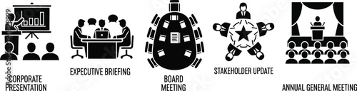 Collection of black silhouette icons illustrates various professional meeting formats including presentations, briefings, and general assemblies.