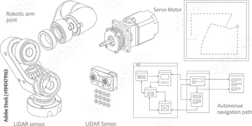 Exploded view diagram illustrates the precise mechanical components comprising a robotic arm joint and associated sensor hardware.