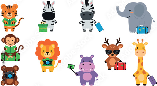 Cute traveling safari animals vector set with suitcase, camera, gifts and vacation cartoon illustration collection