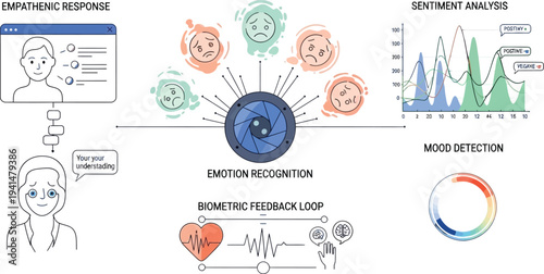 Diagram illustrates the process of artificial intelligence emotion recognition using facial analysis and biometric feedback loops.