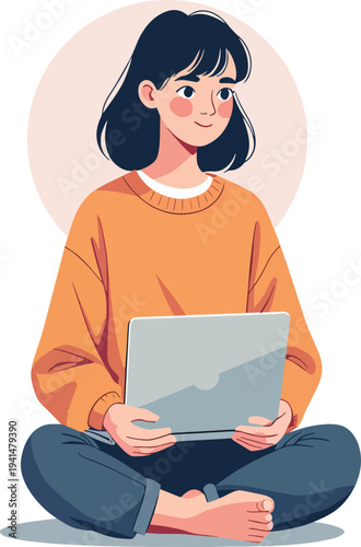 donna al computer che usa un laptop in ufficio casa al bar vettoriale, portatile