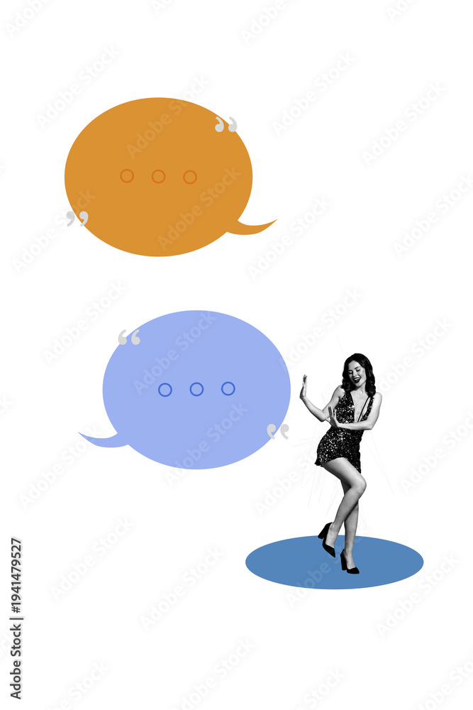 Fototapeta premium Vertical photo collage of happy girl wear sexy shiny dress dance text box communication bubble conversation isolated on painted background