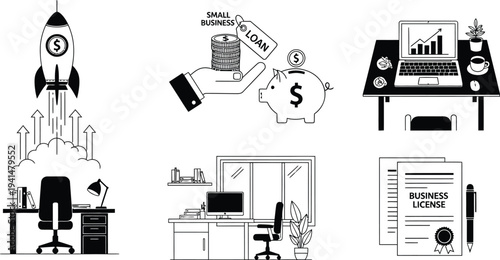 Business startup office environment displays elements like a launching rocket, financial paperwork, and desks representing small business growth and funding.