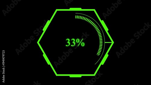 Hexagonal futuristic hud element displaying circular progress interface on black background, digital technology dashboard component with segmented indicators, sci fi interface animation.