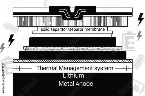 Lithium metal anode cross-section diagram illustrates the solid separator membrane and thermal management system components for energy storage.