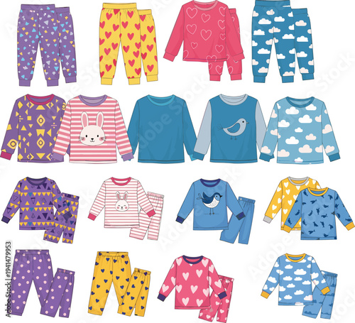 Cute kids pajama set collection with colorful cartoon prints including hearts stars clouds and animals children sleepwear clothing vector illustration